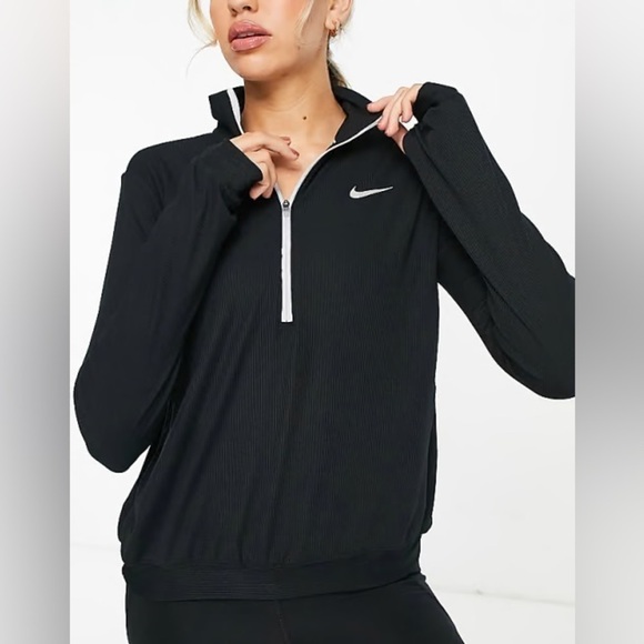 Nike Black Ribbed Dri-FIT Element Running Mid Layer 1/2 Zip Top - Picture 1 of 8
